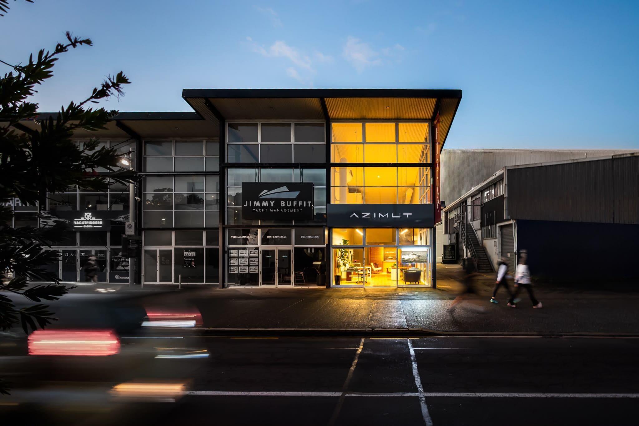 Pinnacle Marine European premises and Azimut showroom, Auckland, at dusk